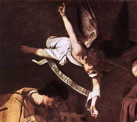 Angelo con cartiglio Natività Caravaggio