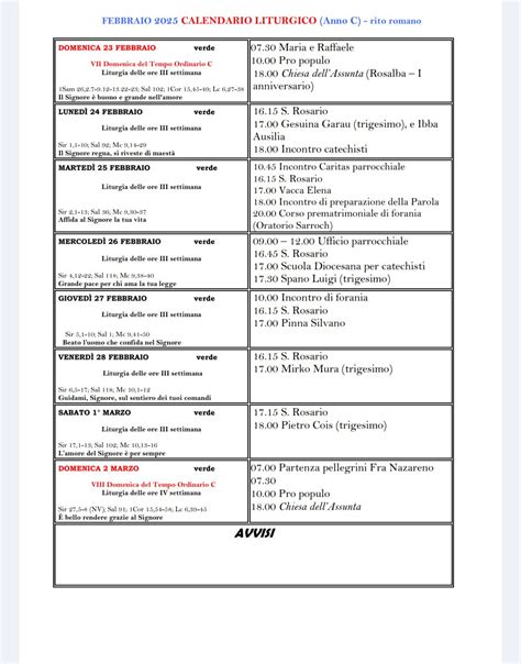 Calendario liturgico parrocchiale settimanale