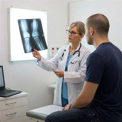 Medico reumatologo durante ecografia articolare