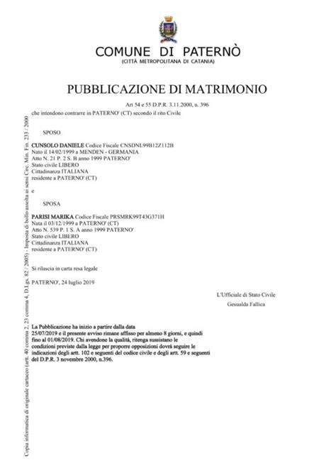 Pubblicazioni matrimoniali albo comunale