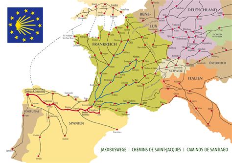 Mappa delle vie di pellegrinaggio verso Santiago