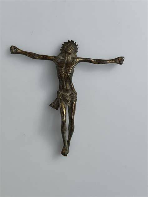 Crocifisso antico bronzo argento ebano
